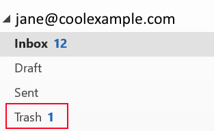 The folder list in Outlook with the Trash folder highlighted.