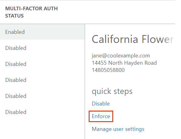 Under quick steps, Disable, Enforce, and Manage user settings options