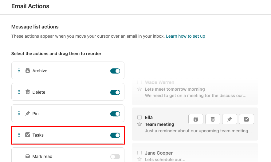 The Email Actions page open with the Task toggle highlighted.