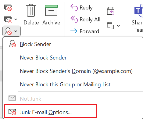 Select Junk and then Junk E-Mail Options