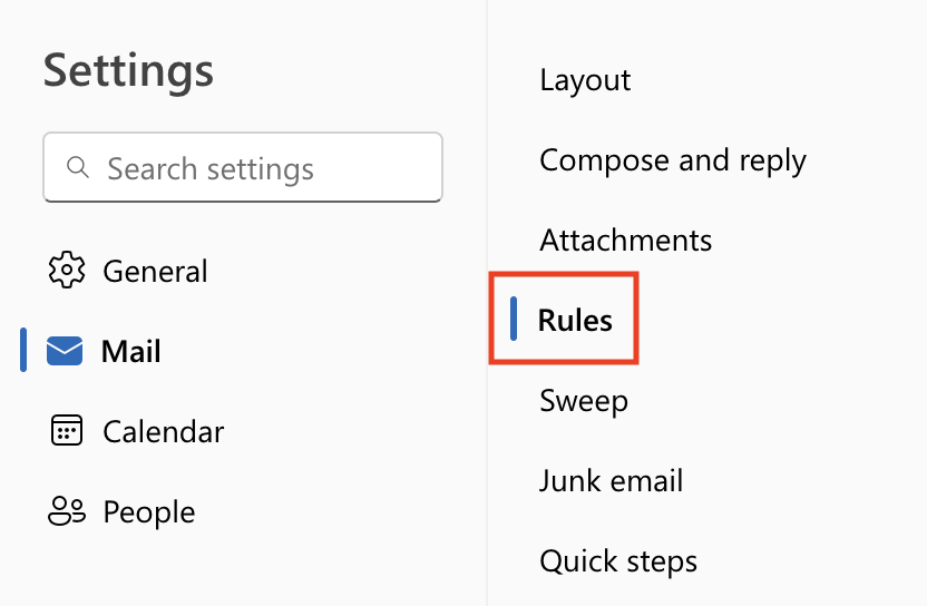 Settings panel showing Mail on the left and Rules selected to the right.
