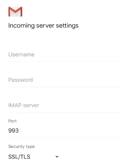 As definições do servidor de entrada mostram 993 como a porta e SSL/TLS como o tipo de segurança