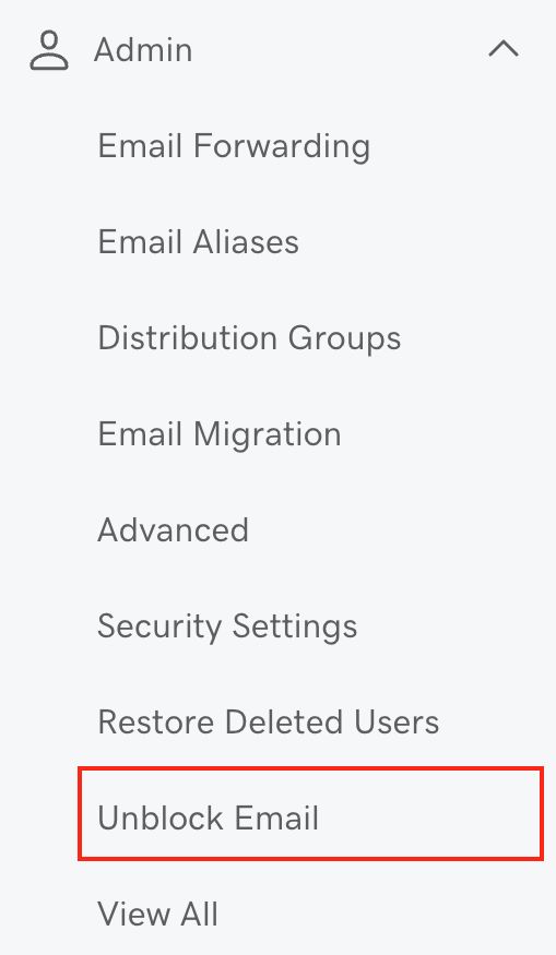 The Admin menu expanded with the Unblock Email button highlighted.
