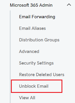 Het Microsoft 365 -beheermenu wordt geopend met de optie E -mail deblokkeren hieronder