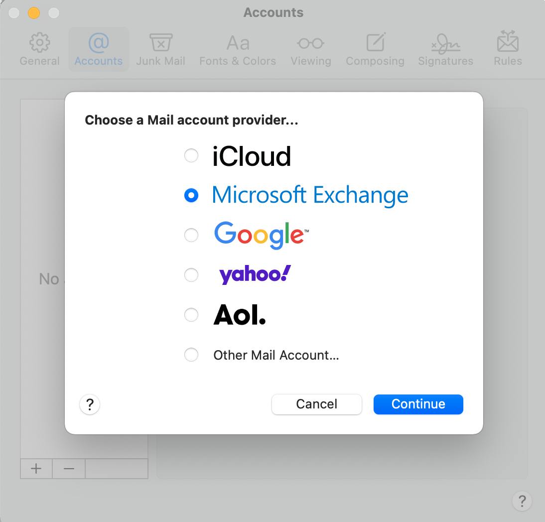 select plus, microsoft exchange, and then select continue