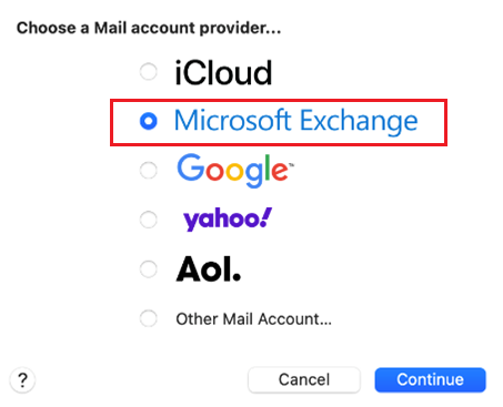 seleziona plus, microsoft exchange, quindi seleziona continua