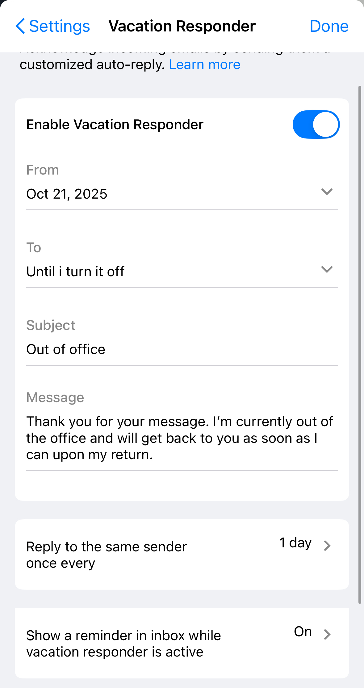 The Vacation Responder form fields.