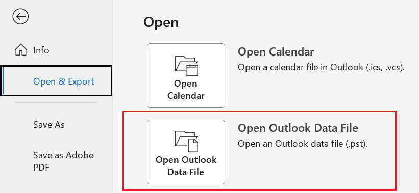 Ouvrir le fichier de données Outlook à partir du menu Ouvrir et exporter