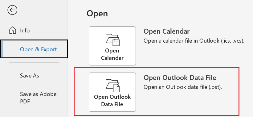 Öppna Outlook-datafilen från den öppna och exportmenyn