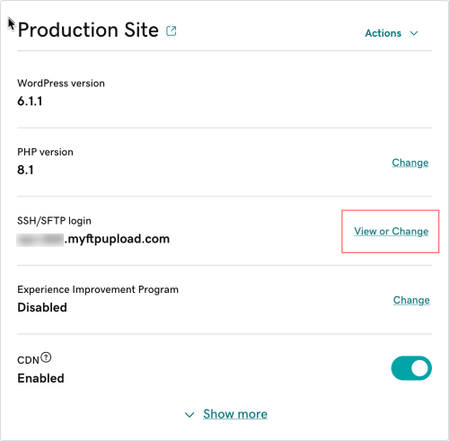 Vælg rediger for at se sftp-oplysninger