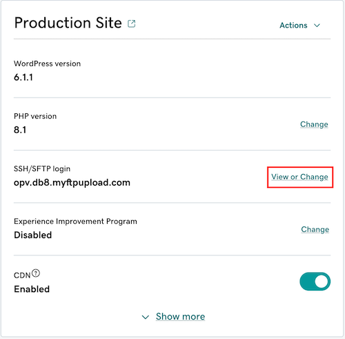 Select change to see sftp info