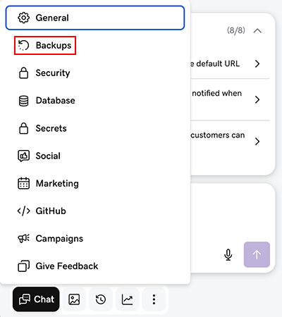 Backups panel in Airo AI Builder settings