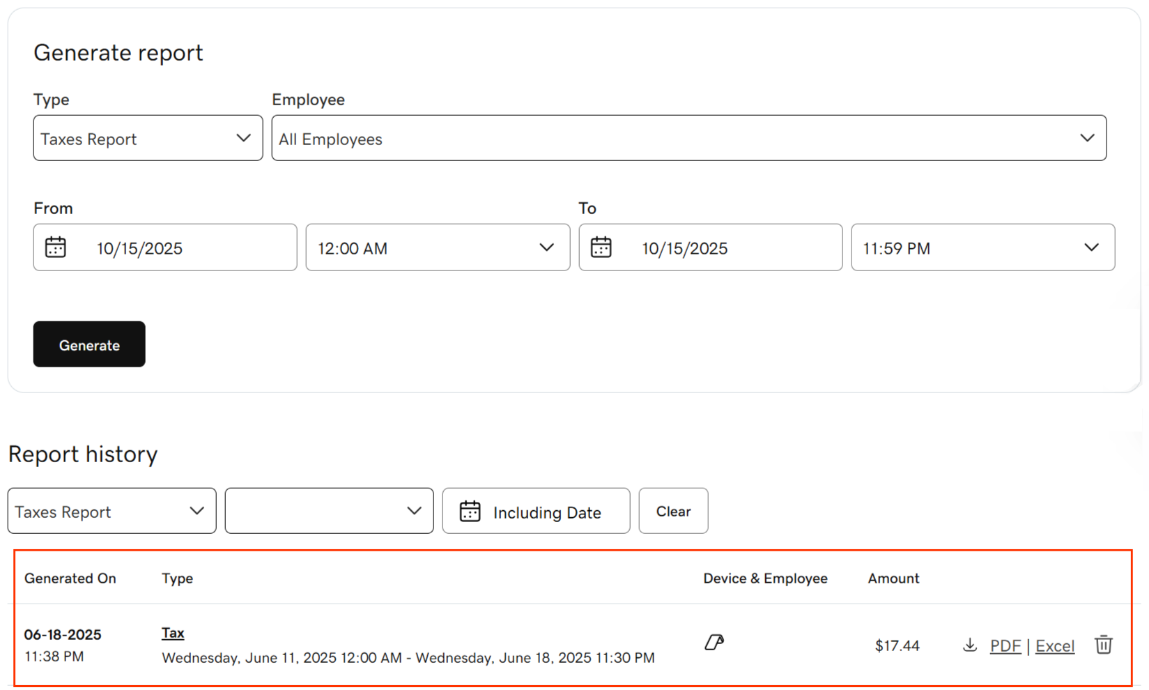 Example list of generated reports