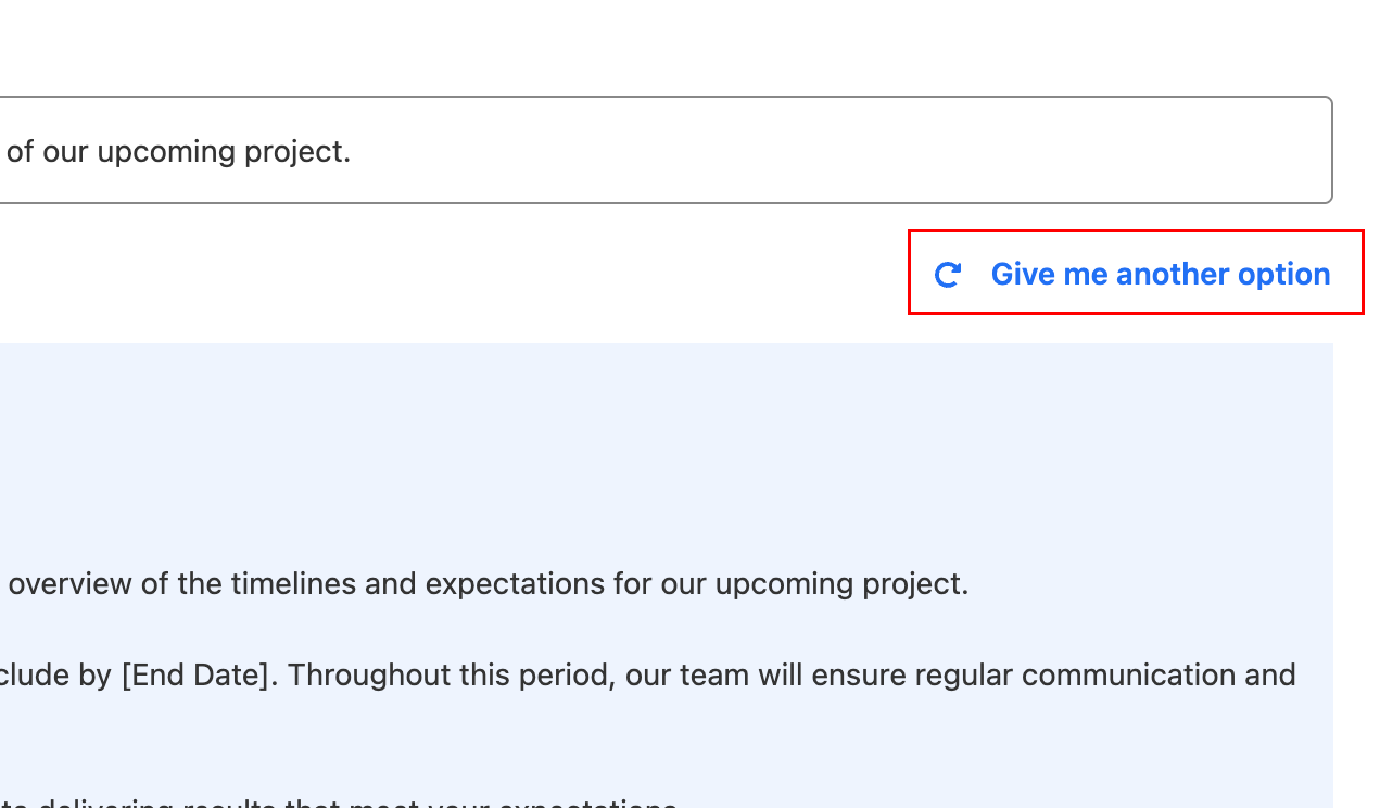 An example of a generated email by Smart Write with the Give me another option button highlighted.