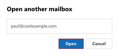 The Open another mailbox modal with an example email address and the button highlighted.