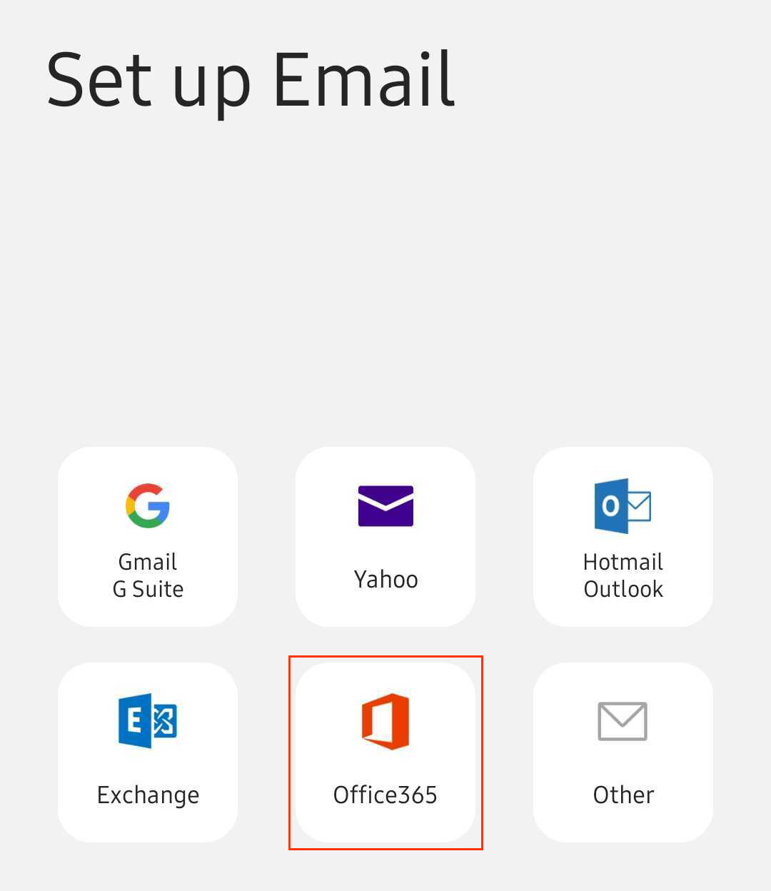 Scherm met verschillende e-mailclientopties, waaronder Office365, met een rood vierkant