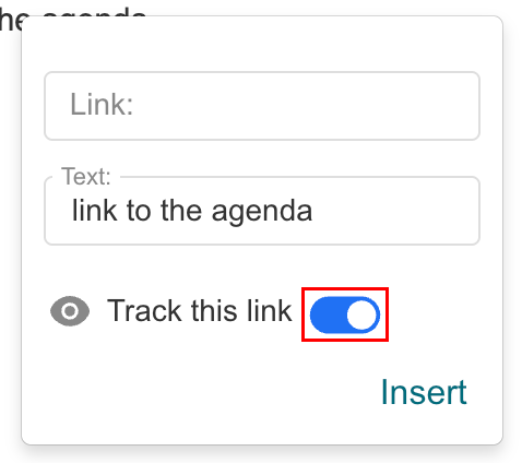 The Insert Link pop-up with the Track this link toggle highlighted.