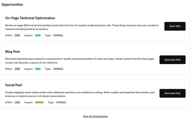 Opportunities section for AI visibility tool Websites + Marketing