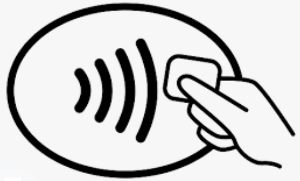Tap-to-pay icon of a hand holding a card in range of signal
