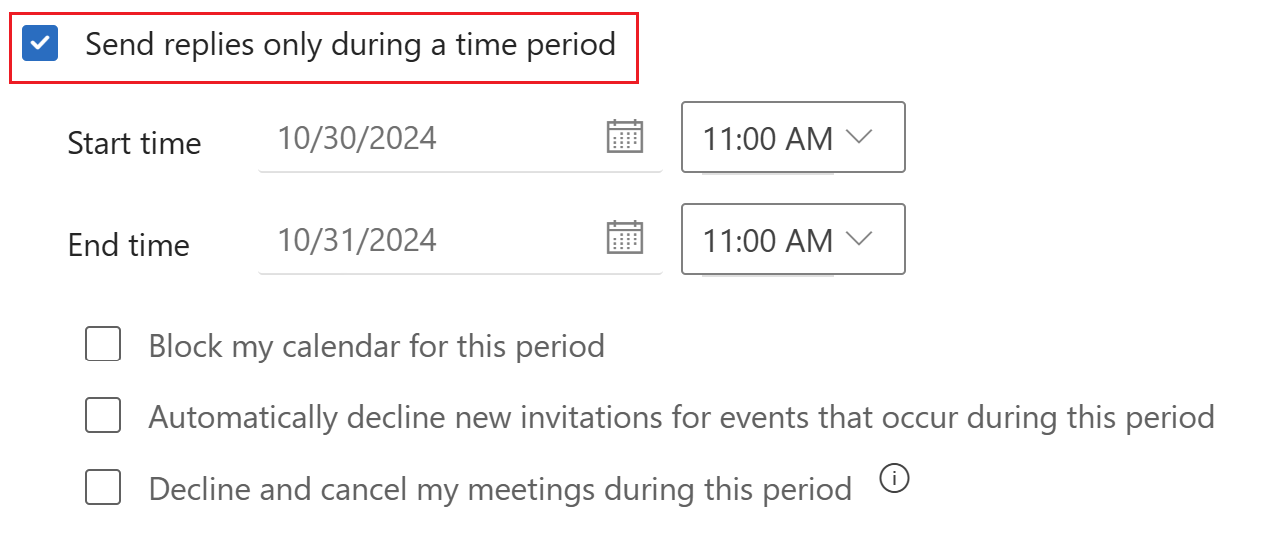 Send replies only during a time period checkbox