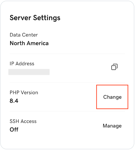 Select change next to PHP Version