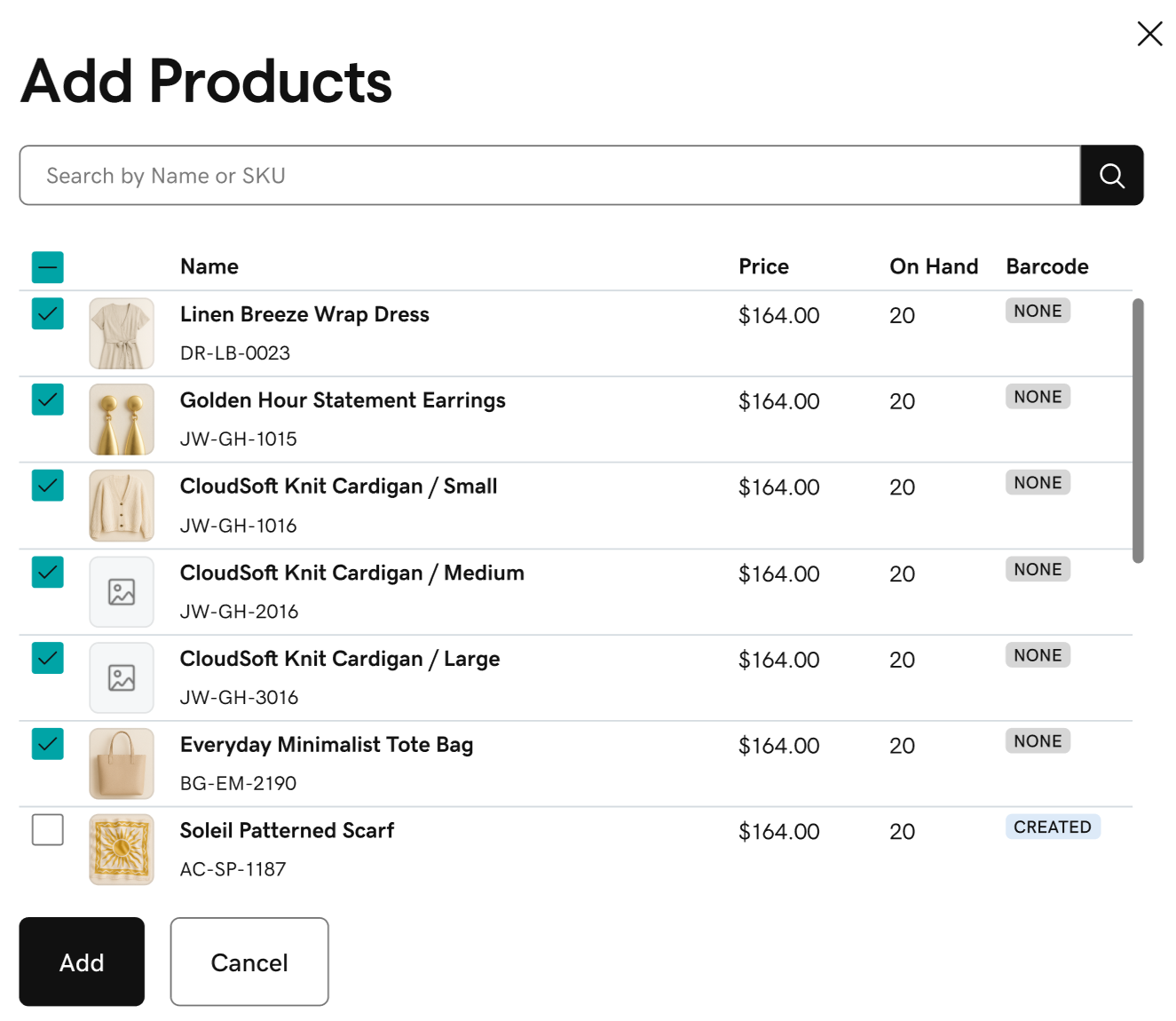 Catalog with products selected