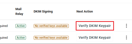 The Domains page with the Verify DKIM Keypair highlighted.
