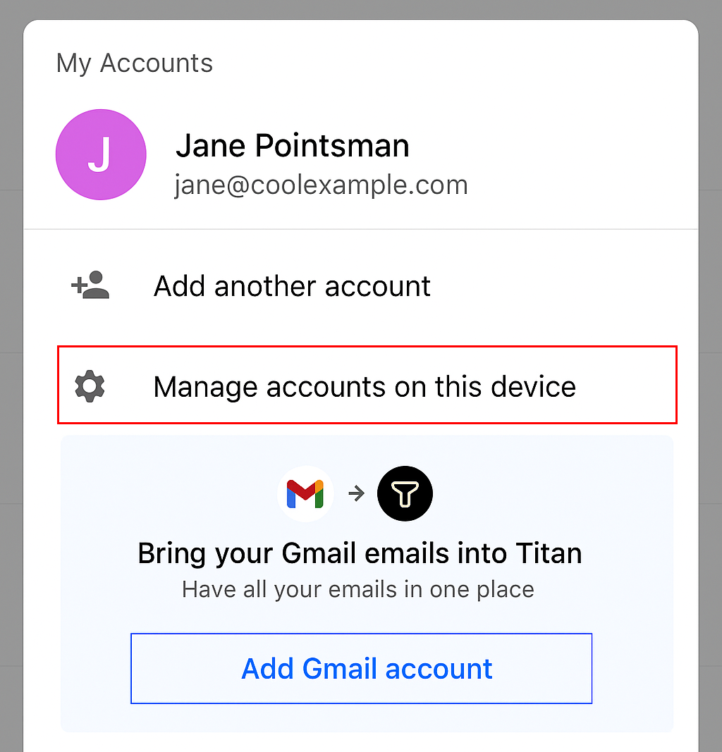The Manage accounts in this device button highlighted under an example account.