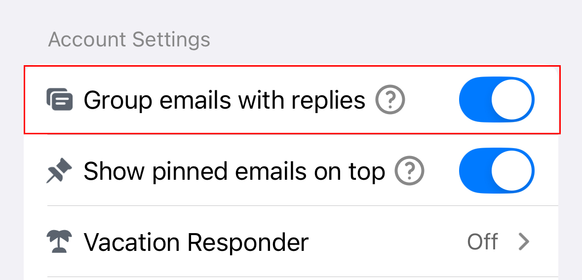 The Account Settings section of the Settings page with the Group emails with replies toggle highlighted.