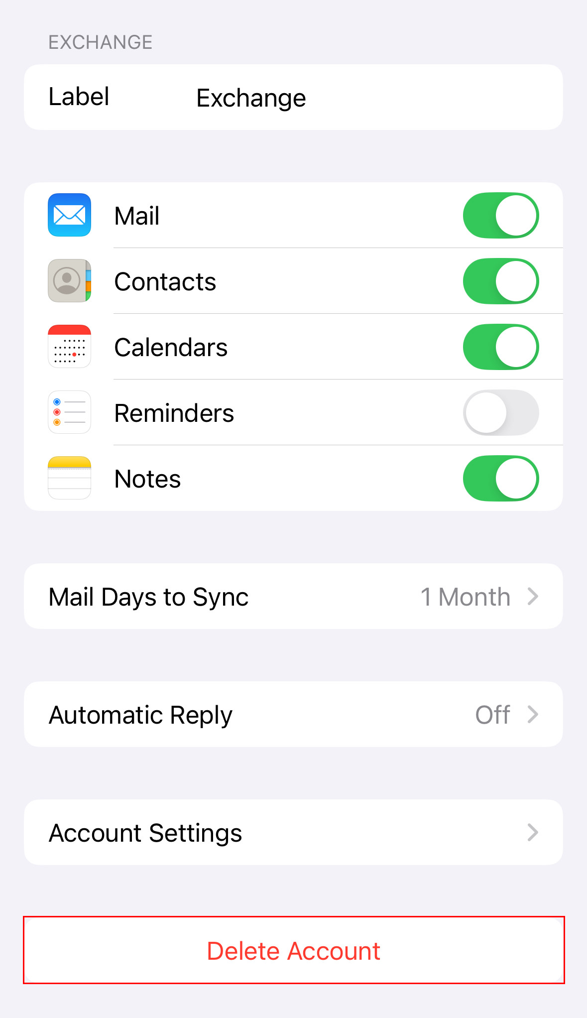 An example Exchange account with the Delete Account button highlighted.