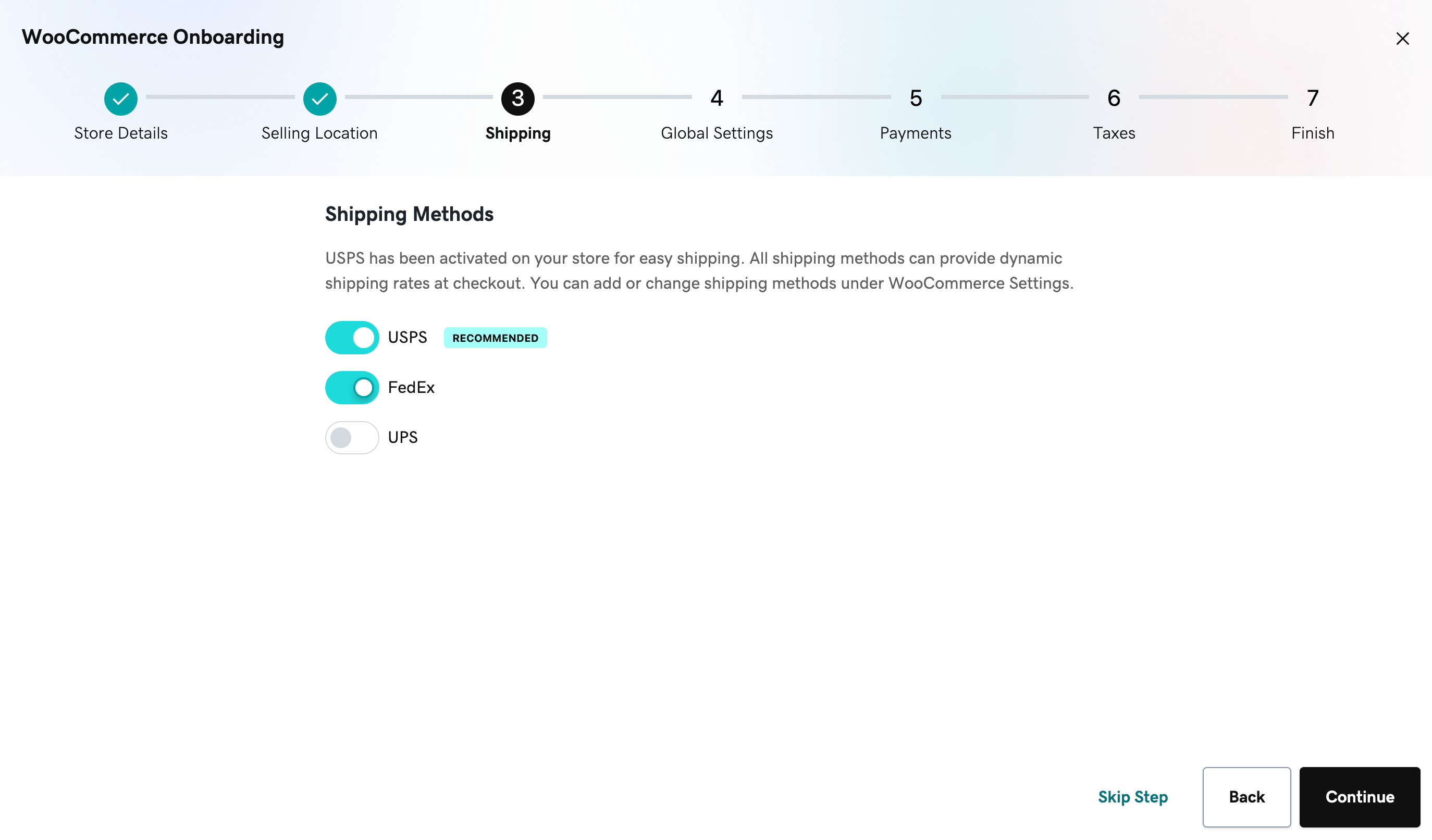 Options to enable shipping methods for merchants using the onboarding wizard