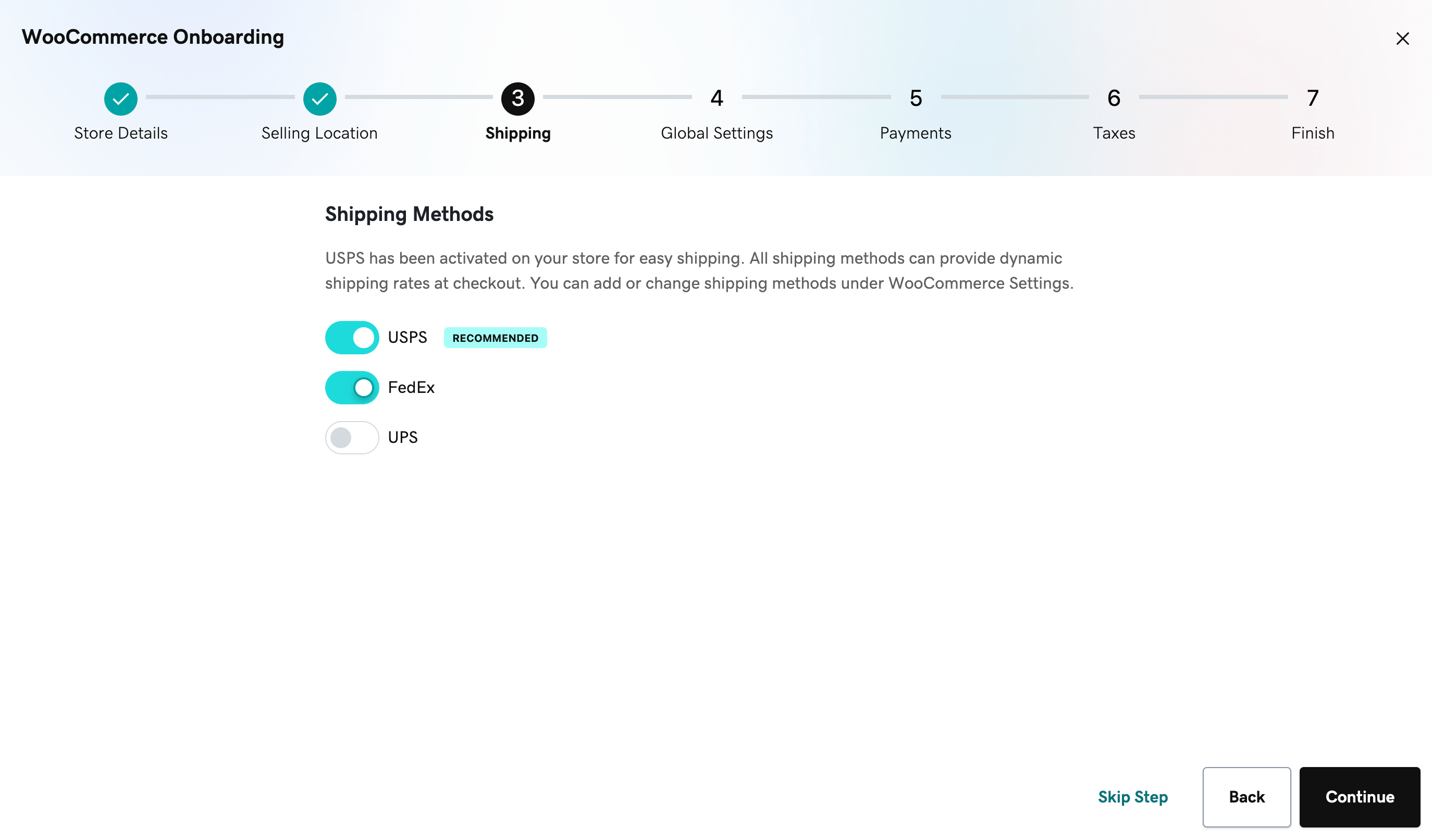 Opções para habilitar métodos de envio para comerciantes usando o assistente de integração