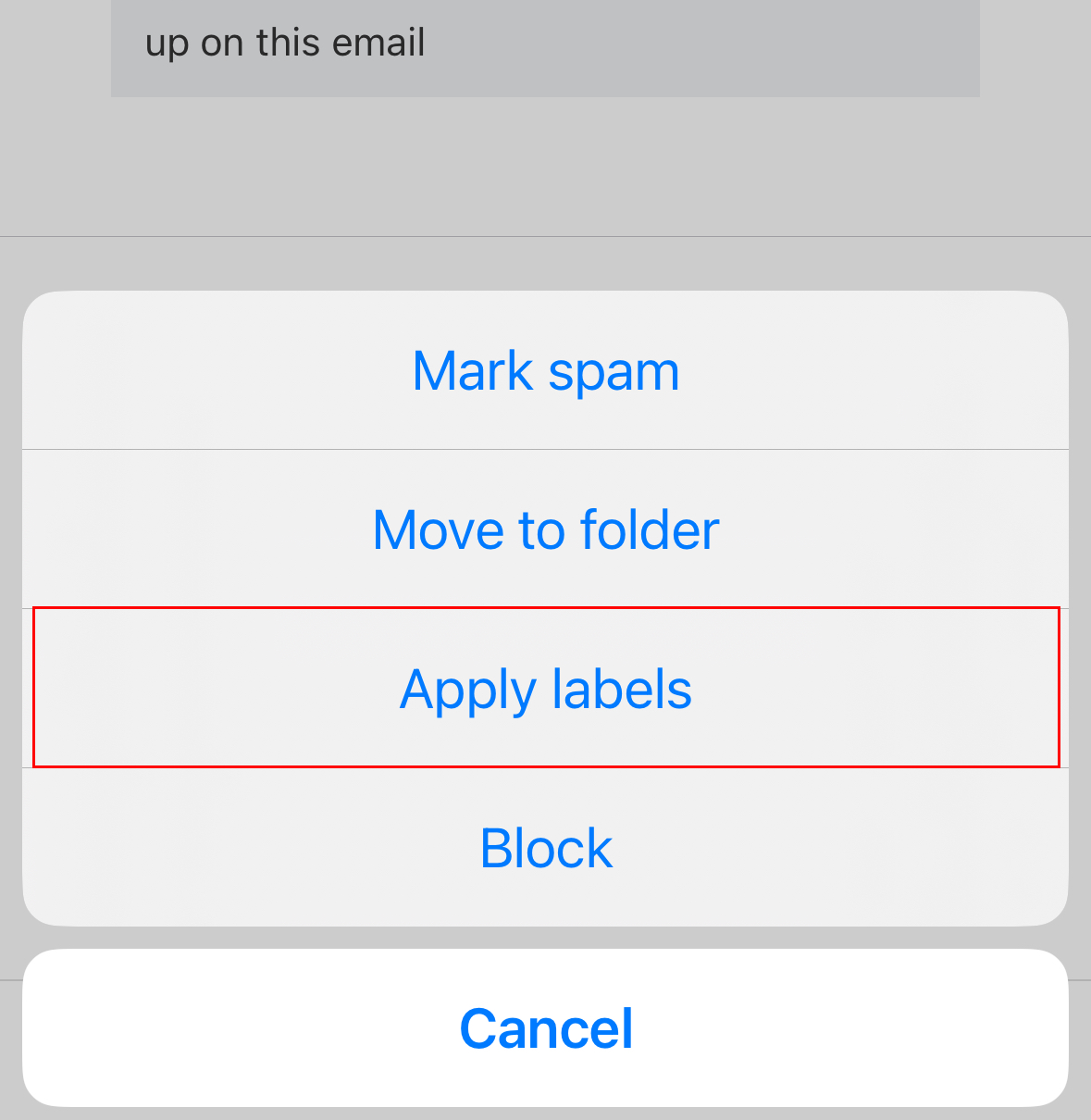 Menu Opsi lainnya terbuka di iOS dengan tombol Terapkan label yang disorot.