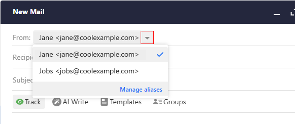 The arrow highlighted next to the From address for Professional Email powered by Titan.