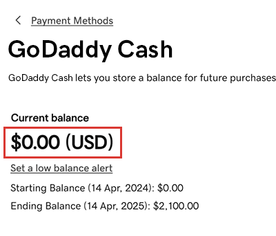 current balance in godaddy cash account