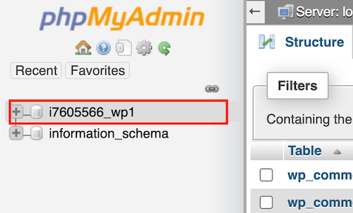 Tietokantojen luettelo phpMyAdmin-työkalussa