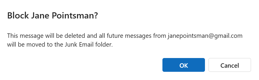 Select Ok to confirm the blocked sender
