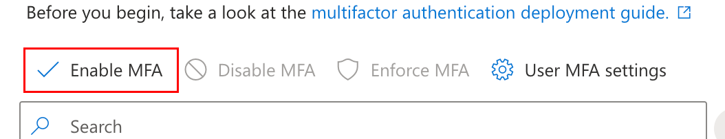 Menu des options au-dessus de la liste des noms avec le bouton Enable MFA (Activer MFA) en surbrillance.