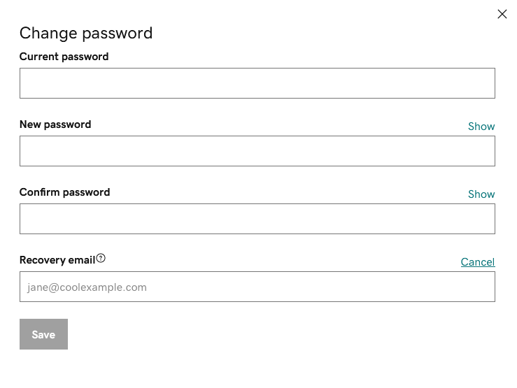 ändra lösenord-modal för e-postanvändare
