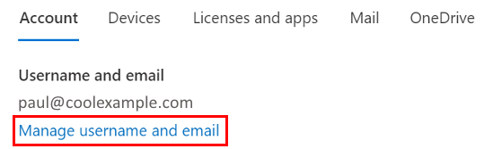 selecione gerenciar nome de usuário e email