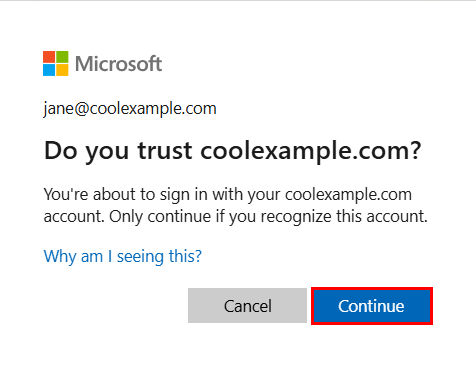 The prompt asking if you trust your domain from Microsoft.