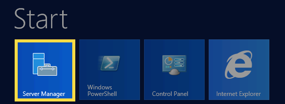 Windows 2012 Start menu with Server Manager highlighted