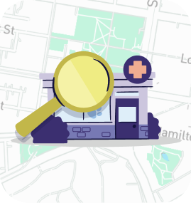 Magnifying glass overlooking a vet clinic on top of a map