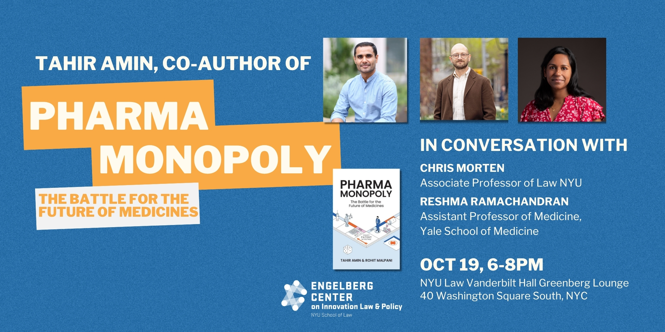 Even hero image with headshot of Tahir Amin, Reshma Ramachandran, and Chris Morten, along with the book cover and event title