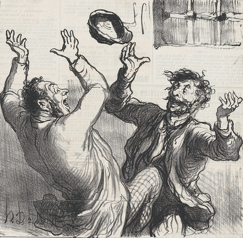 A pen and ink drawing of two men celebrating together. 
A happy evening party in Clichy, from 'News of the day,' published in Le Charivari, March 16, 1865