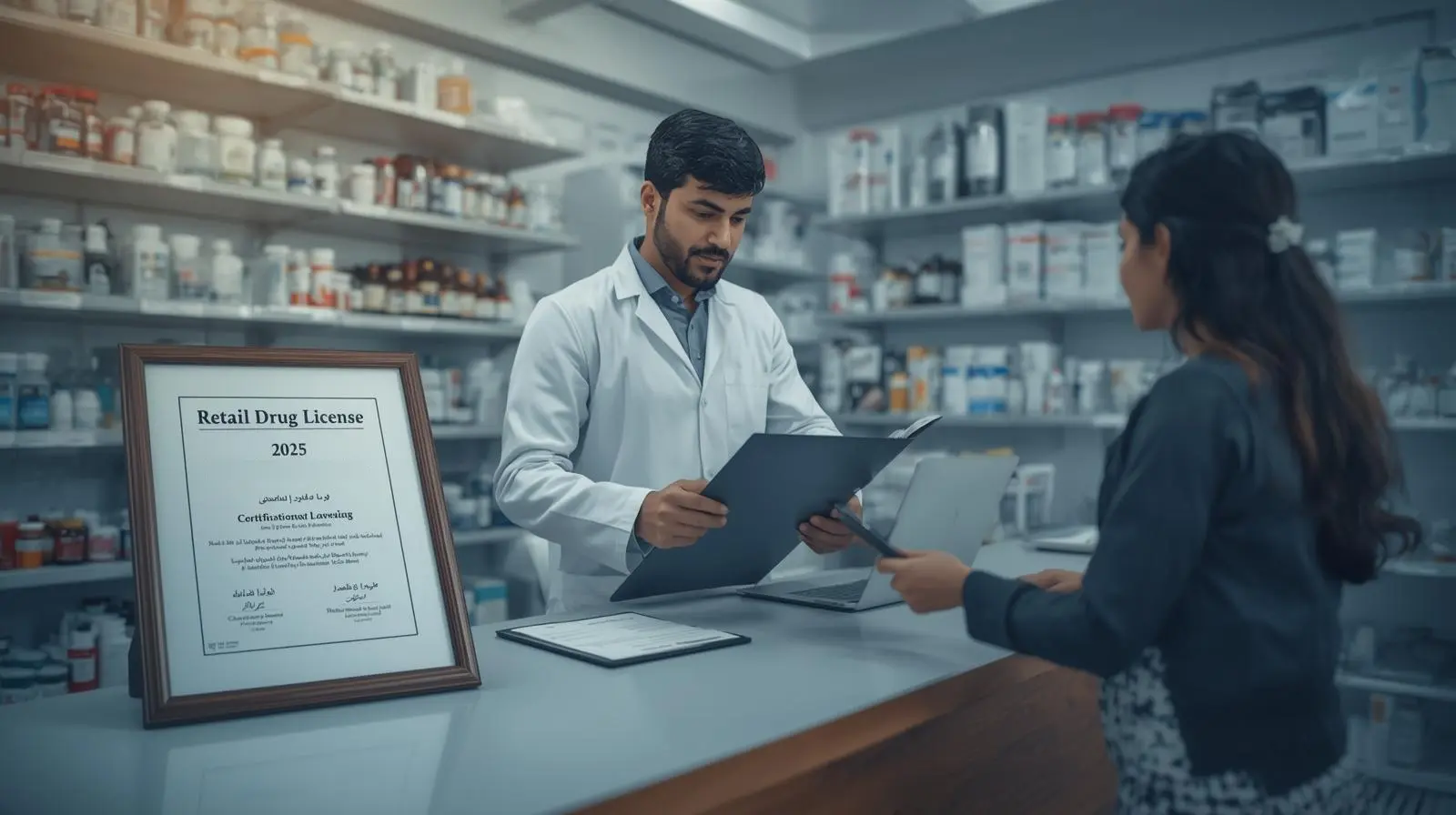 Pharmacist in a modern pharmacy handing documents to a customer with a framed Retail Drug License 2025 certificate displayed on the counter.