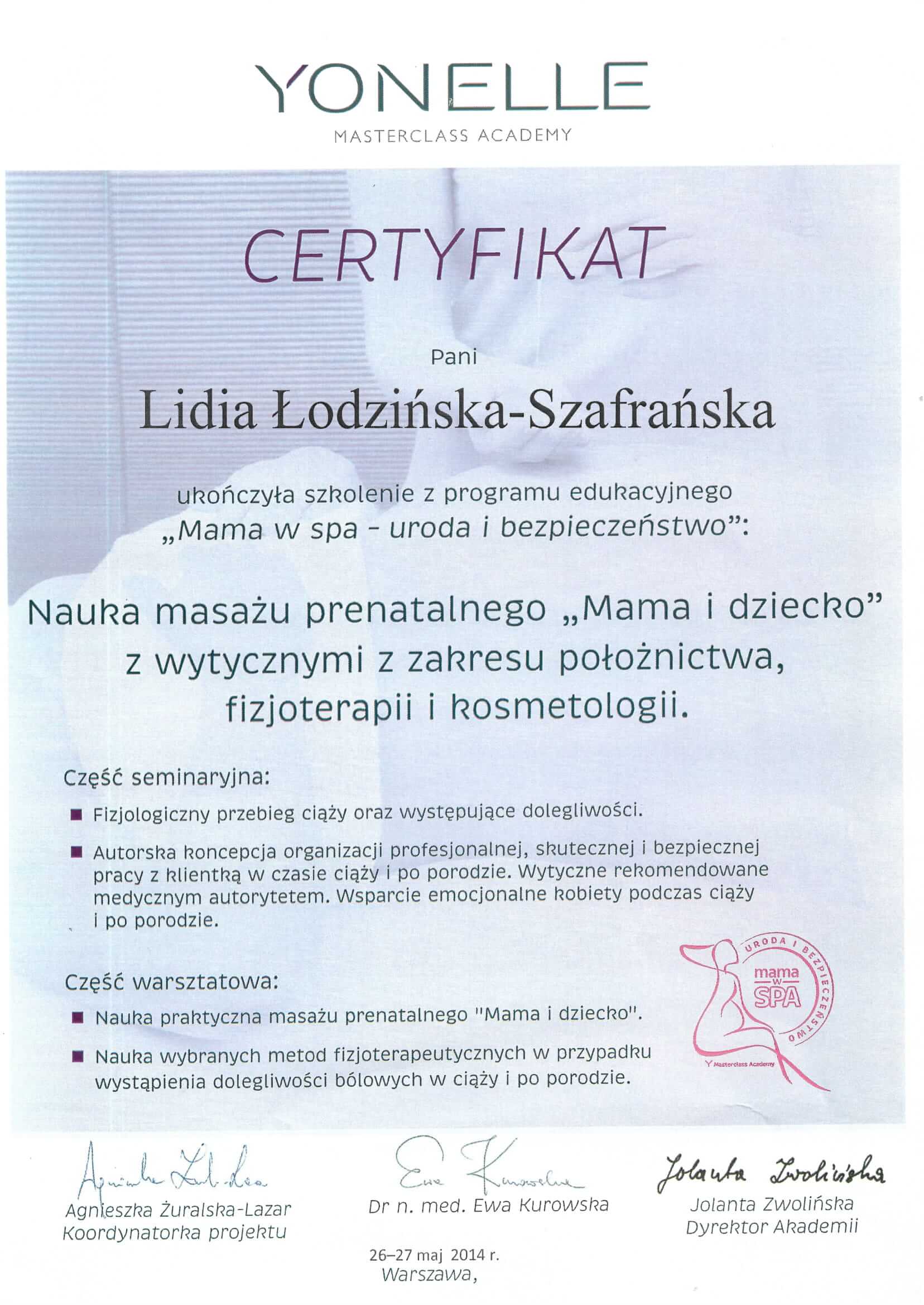 certyfikat YONELLE nauka masażu prenatalnego