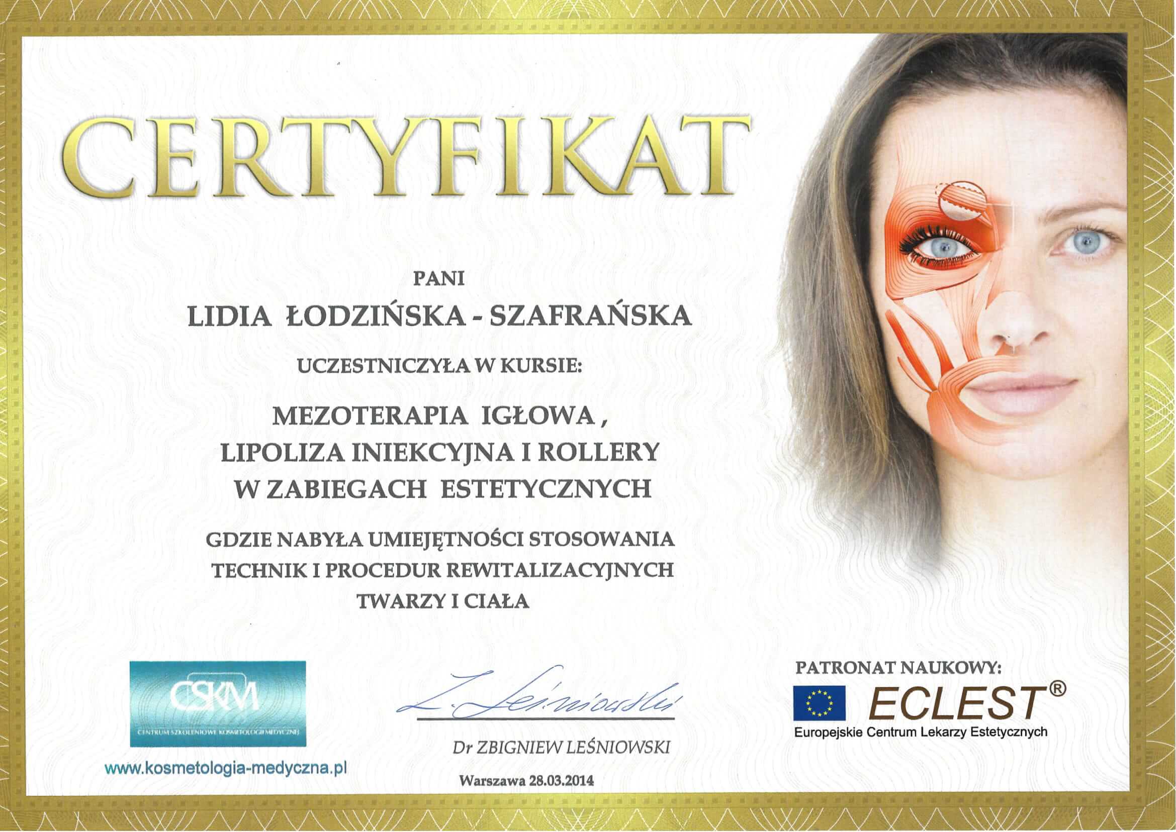 certyfikat CSKM mezoterapia igłowa