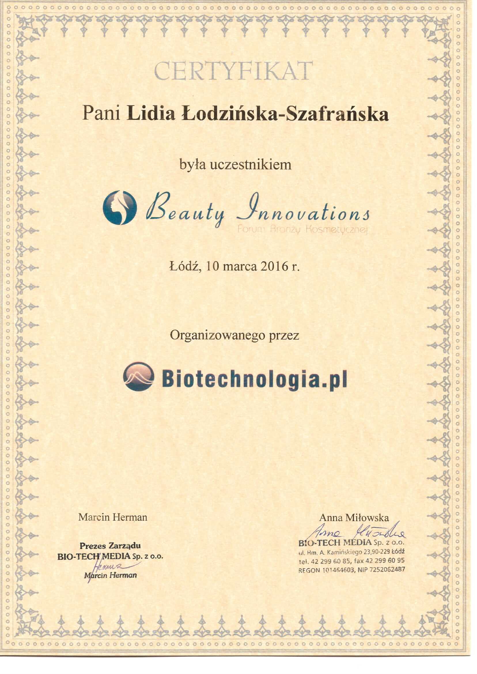 certyfikat biotechnologia