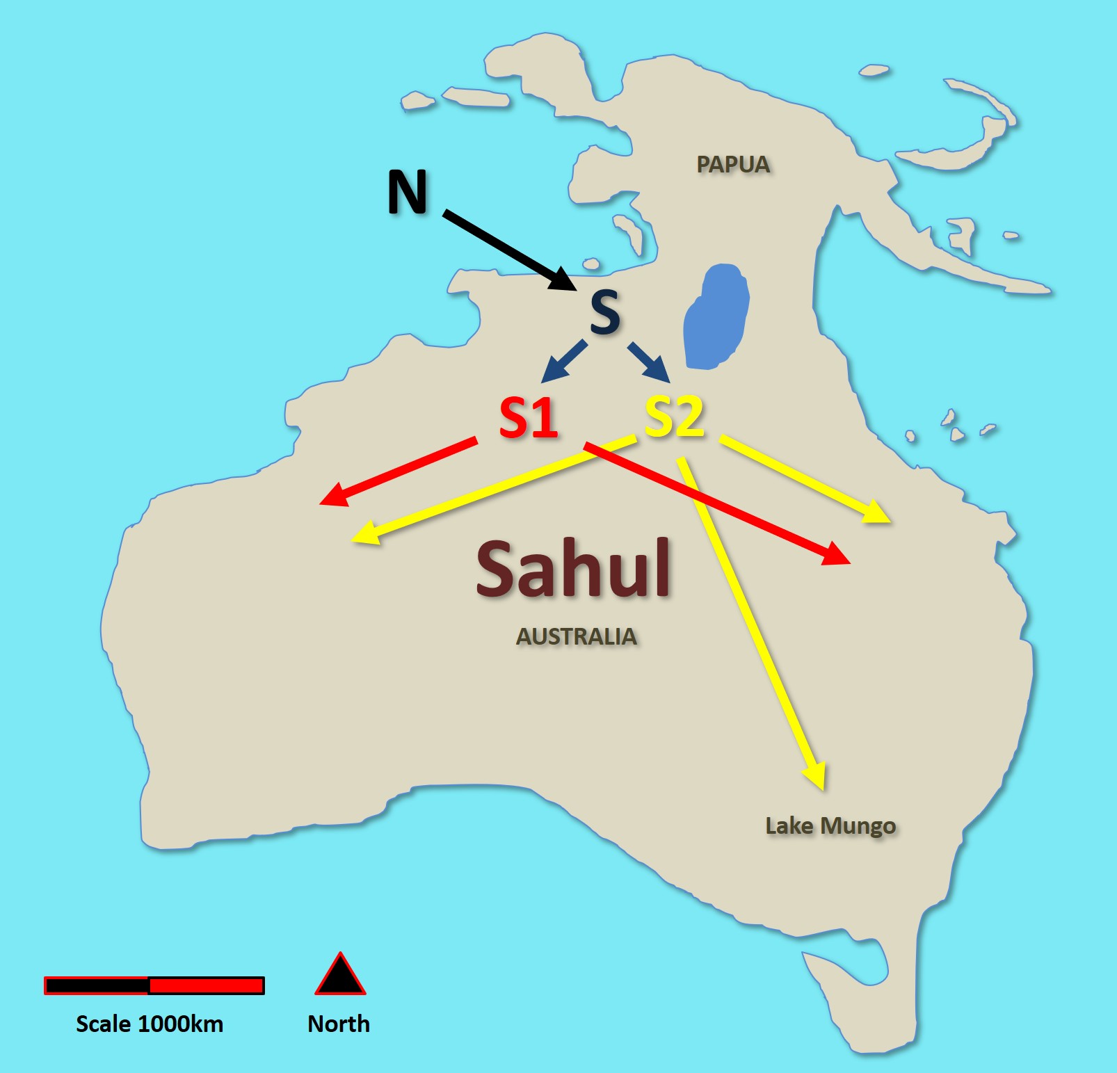 Map of the Pleistocene landmass Sahul, showing Australia, New Guinea and Tasmania joined at lower sea levels. Credit: Gweagal, Wikimedia Commons, CC BY-SA 4.0